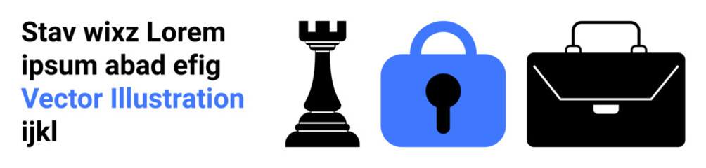 Chess rook lock and briefcase convey strategy security and business themes with minimal design in black and blue. Ideal for strategic planning security business and abstract concepts. Banner