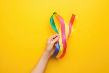A person's hand holds a colorful ribbon against a bright yellow backdrop