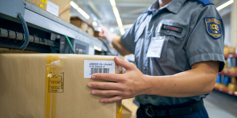 Fototapeta premium A courier examines the address label on a package to ensure it is ready for delivery. Accuracy is key in logistics and parcel handling.
