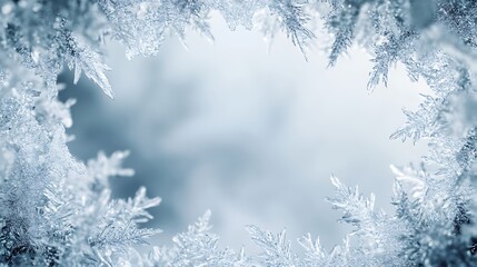 A close-up view of delicate ice crystals forming a frame against a blurred background.