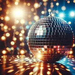 Obraz premium Disco ball, lights and clubbing background for 70s theme new year party, birthday or celebration. Night, bokeh and decor with glitter at nightclub or nightlife for jazz, pop or retro music festival.