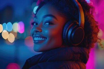 A happy woman wearing headphones and smiling at the camera
