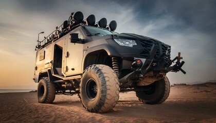 Big futuristic cyber camper offroad van in desert