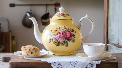 Fototapeta premium Yellow teapot with floral pattern, teacup, and scone on rustic table