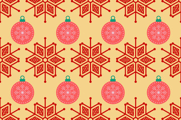 Christmas seamless pattern. Snowflakes,  Christmas ball and ornaments background design for decoration on Christmas card, banner, wrapping, wallpaper, textile, fashion.
