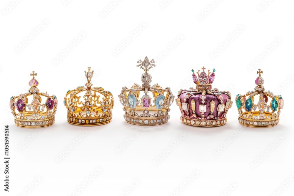 Poster a collection of five unique crowns in various colors on a clean white surface