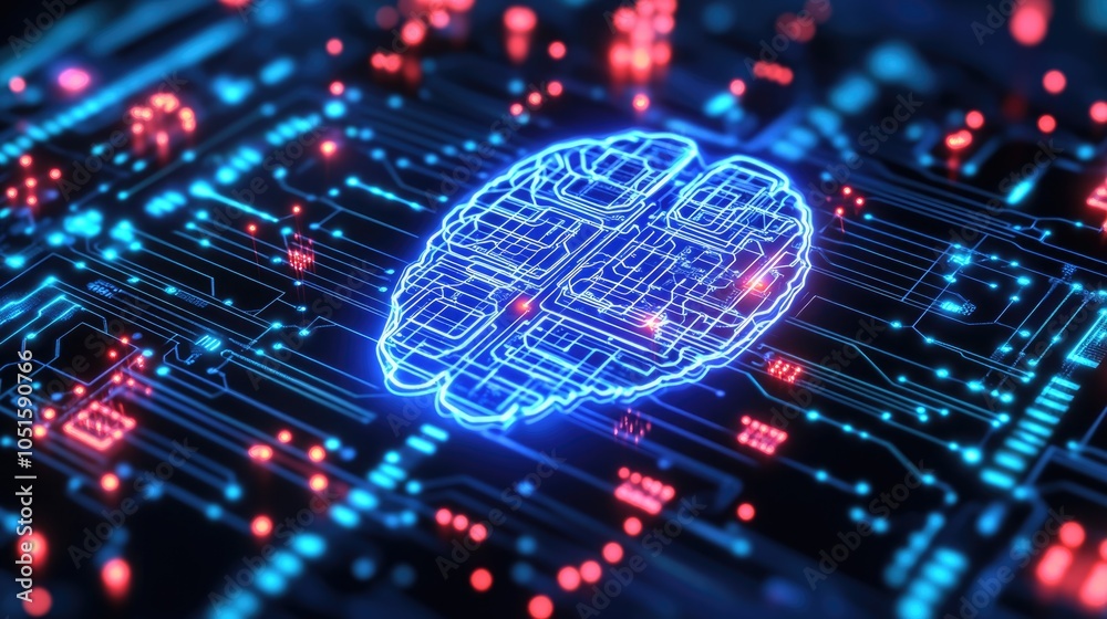 Poster A futuristic illustration of a circuit board with a glowing brain component