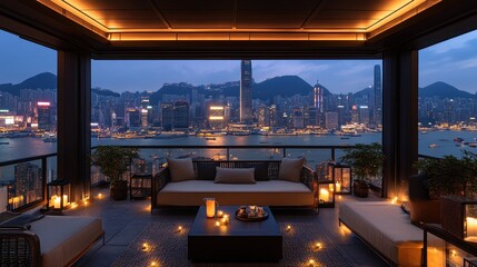 Rooftop terrace with panoramic city views, adorned with comfortable seating and twinkling fairy lights.