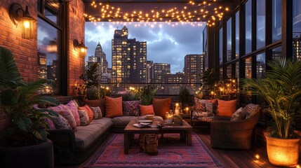 Rooftop terrace with panoramic city views, adorned with comfortable seating and twinkling fairy lights.