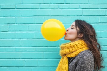 A person blowing up a yellow balloon in front of a blue brick wall, great for parties or celebrations