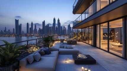 Rooftop terrace with panoramic city views, adorned with comfortable seating and twinkling fairy lights.