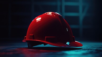 A red hard hat sits on top of a table, ready for use