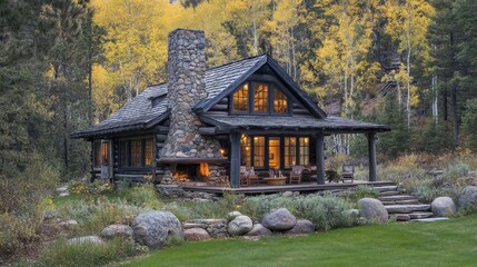 Rustic cabin with a stone chimney