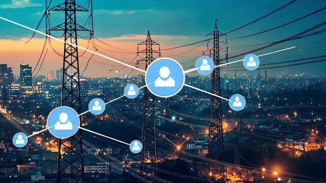 Electricity transmission towers with orange glowing wires the starry night sky. Energy infrastructure concept, energy, electricity, voltage, supply