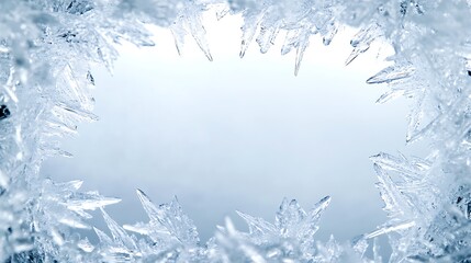 A frame of ice crystals on a window pane with a light blue background.