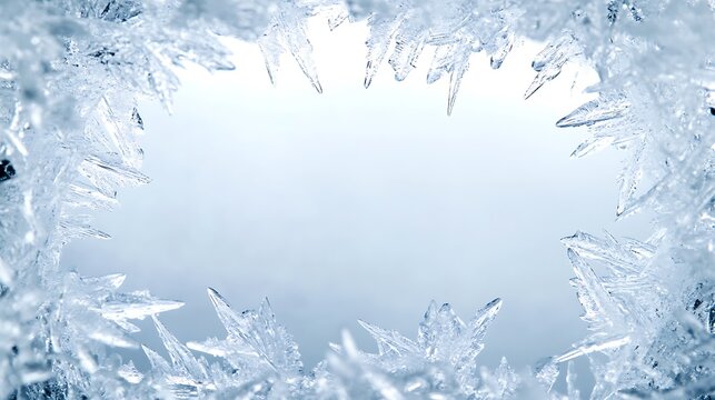 A frame of ice crystals on a window pane with a light blue background.