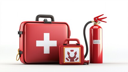 An illustration showcasing a first aid kit, fire extinguisher, and alert sign on a white background for emergency response.