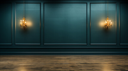 Elegant dark teal room with ornate chandeliers and wooden floor