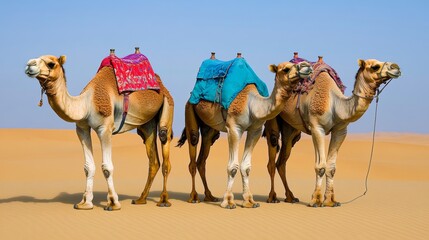 Fototapeta premium Three Camels in Desert Landscape with Colorful Saddles