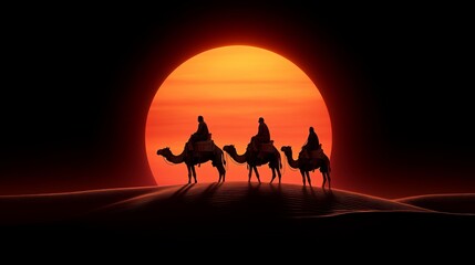 Three Camels Silhouette at Sunset in Desert Landscape