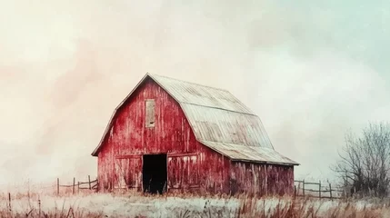 Poster de jardin  A rustic red barn surrounded by a lush green field, perfect for rural or countryside themed projects  © Ева Поликарпова