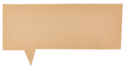 Blank brown cut out corrugated cardboard paper speech bubble of rectangular shape with copy space for text on transparent background