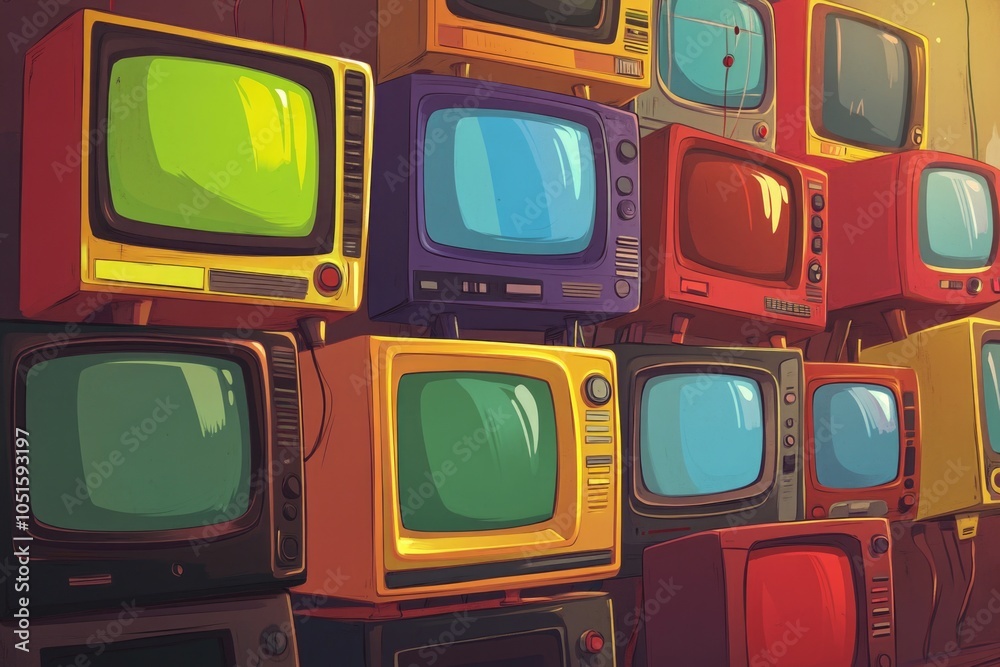 Poster a collection of televisions piled high, ready for display or storage