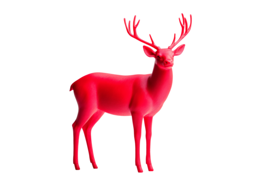 A stylized red deer figure with antlers isolated on white background, representing minimalism and charm of Christmas spirit.