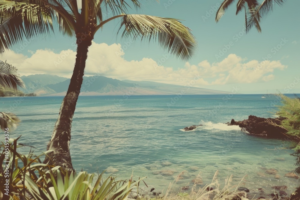 Aufkleber a scenic view of a calm body of water surrounded by palm trees, perfect for use as a background or t