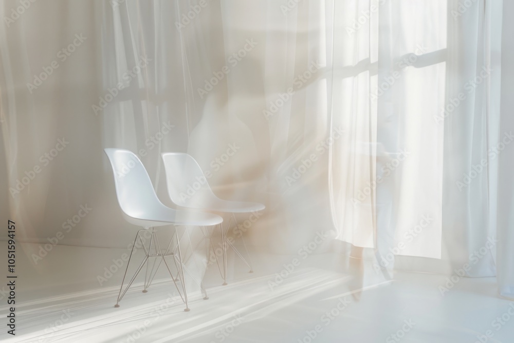 Poster a pair of white chairs placed in front of a window, ready for use