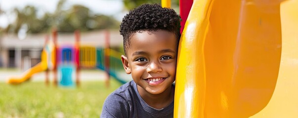 Happy child playing on a playground slide, bright colors in the background.