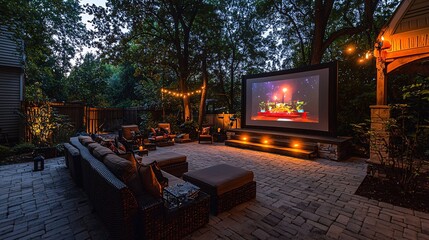 An enchanting outdoor cinema experience with a spacious screen, cozy seating, and soft lighting perfect for evening film gatherings.