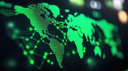 Green digital world map with network connections on a dark background.