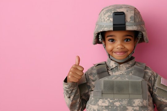 A young child in military attire gives a thumbs-up against a pink background, showcasing pride and confidence in a playful manner.