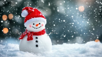 Fototapeta premium Jolly snowman in red, a festive symbol of winter cheer and holiday spirit festive