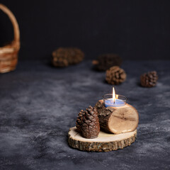 Rustic Candle Holder with Pine Cones on Wooden Slice - Cozy Home Decor for Autumn and Winter*