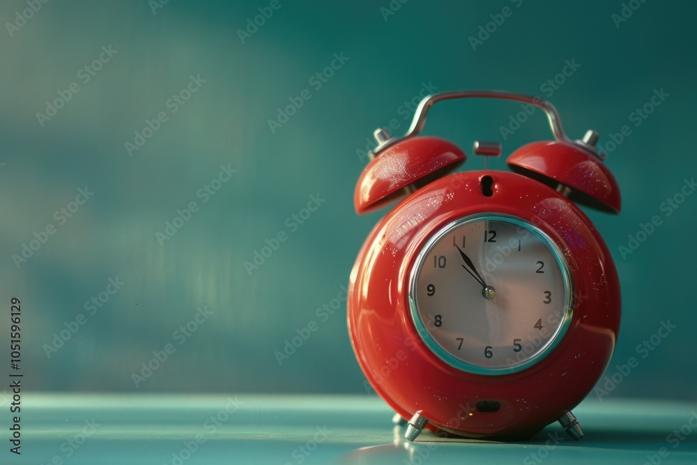 Poster a bright red alarm clock sits atop a simple table, ready to sound its loud alert