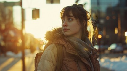A woman stands at a street corner, possibly waiting or looking around