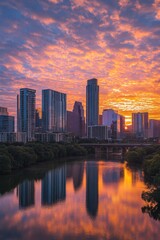Fototapeta premium A city skyline viewed from across a river during sunset with warm colors and long shadows