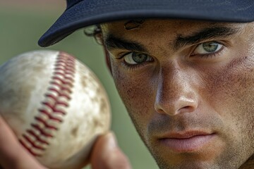 Close-up portrait of a determined baseball player holding a baseball.