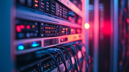Obraz premium Illuminated network server rack, a complex web of connectivity, data flow, and advanced technology