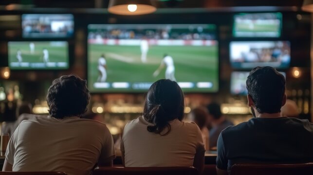 Group of cricket fans watching live cricket match on multiple screens in dimly lit bar, creating atmosphere of anticipation and support