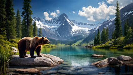 bear,river,rock,mountain,generative ai