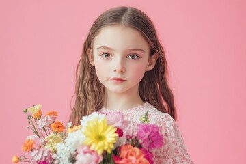 Fototapeta premium A young girl holds a colorful bouquet of fresh flowers
