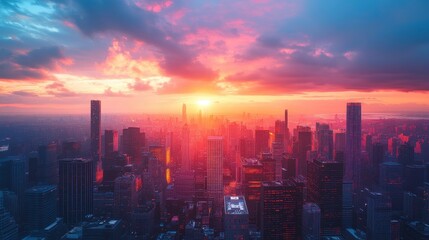 Fototapeta premium Stunning HDRI cityscape at sunset, showcasing vibrant colors reflecting off skyscrapers and a bustling urban atmosphere.