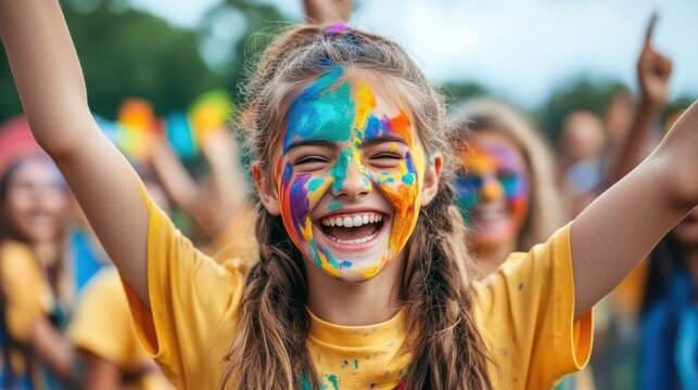 Students cheering at a school event, faces painted in vibrant colors, embodying school spirit and excitement.