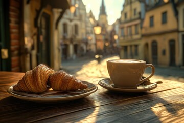 A cup of coffee and a plate of flaky croissants on a wooden table, perfect for breakfast or brunch