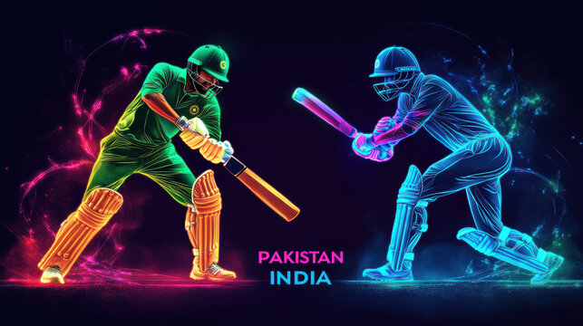 Vibrant neon banner of two cricket players representing India and Pakistan, highlighting famous cricket rivalry in dynamic, futuristic style. - Powered by Adobe