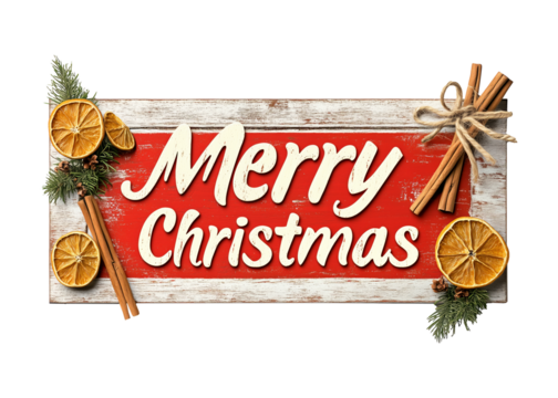 A festive sign displaying Merry Christmas, isolated on white background, celebrating the holiday spirit