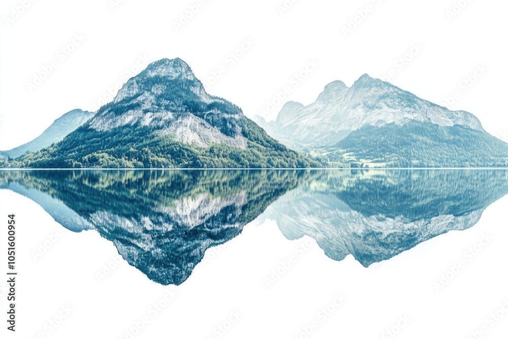 Poster a serene lake scene with mountains visible in the distance, perfect for use in nature and outdoor th